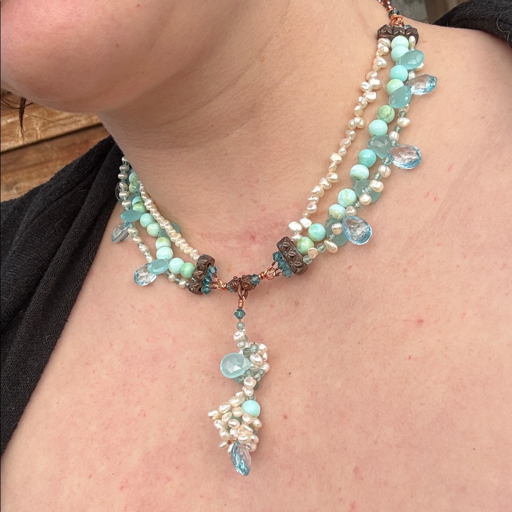 925 signed mixed metal fairy  Pearl amazonite necklace boutique  vintage
